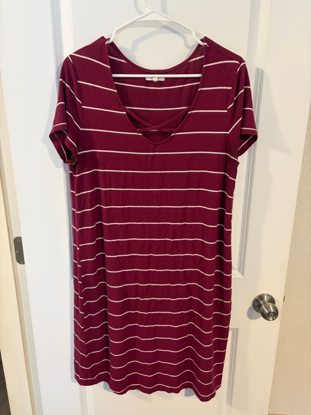 Maurices Burgundy and White Striped V-Neck T-Shirt Dress
